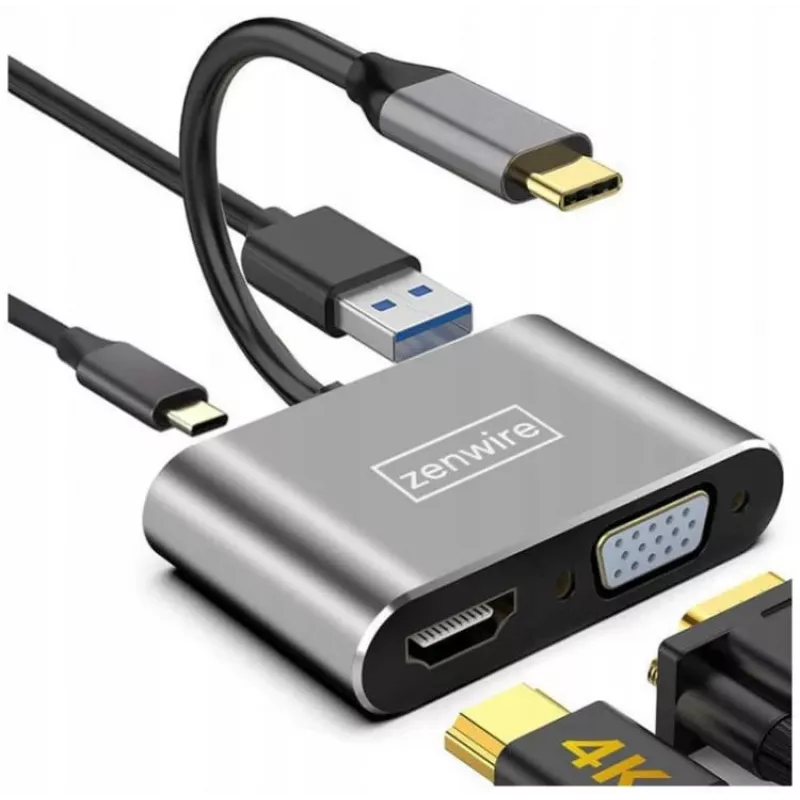 ZENWIRE USB-C Multiport Adapter Hub 4-in-1 HDMI 4K VGA USB-A Space Gray BYL-2310