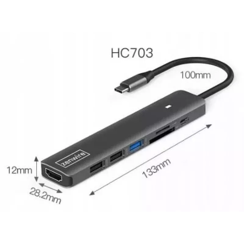 ZENWIRE BS-HC703 USB-C 7-in-1 Hub Adapter z HDMI 4K, USB 3.0, czytnikiem kart SD i Power Delivery 100W, Space Gray