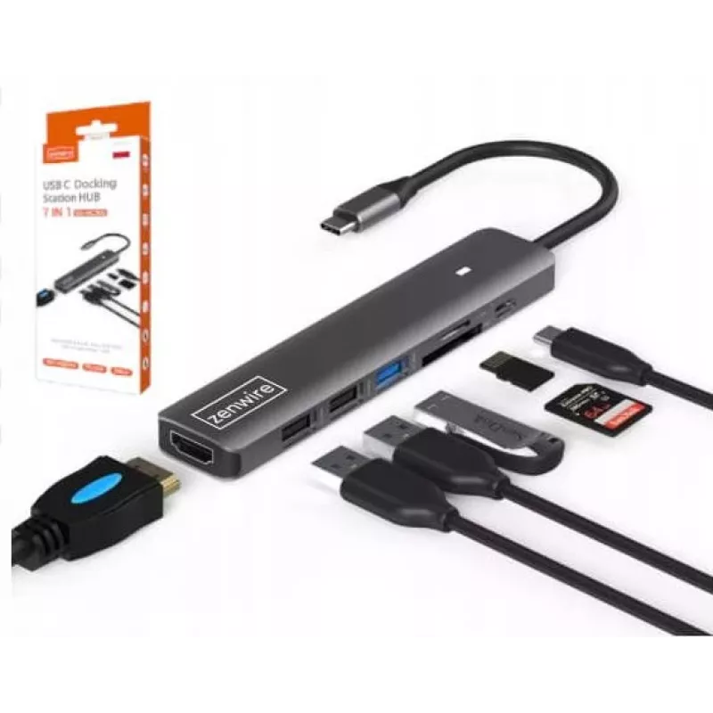 ZENWIRE BS-HC703 USB-C 7-in-1 Hub Adapter z HDMI 4K, USB 3.0, czytnikiem kart SD i Power Delivery 100W, Space Gray