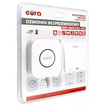 EURA WDP-82H2 Bezprzewodowy zestaw dzwonka do drzwi, bezbateryjny nadajnik kinetyczny, 36 melodii, zasięg 100 m, biały