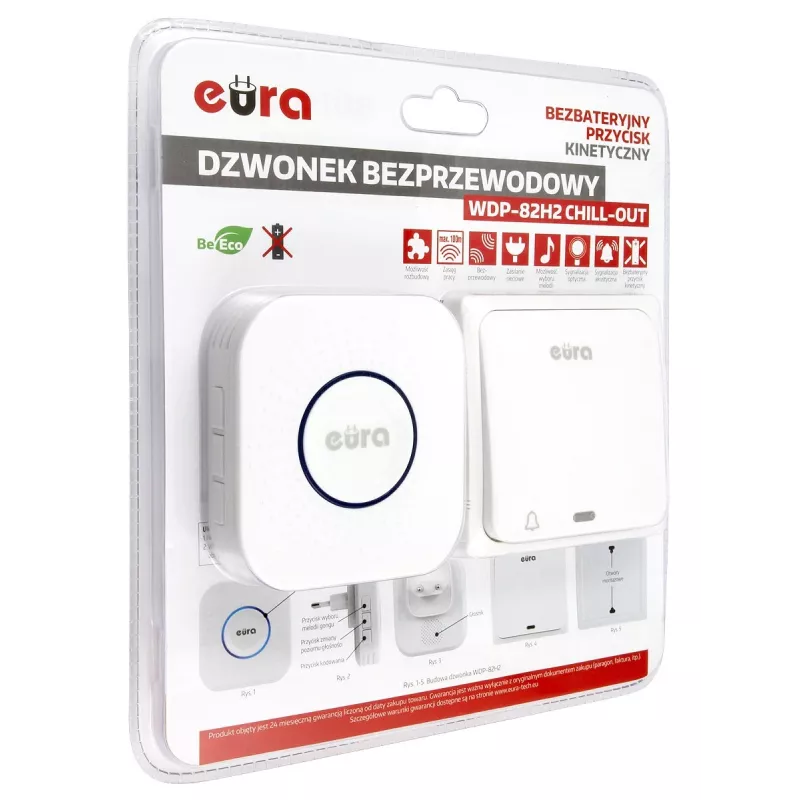 EURA WDP-82H2 Bezprzewodowy zestaw dzwonka do drzwi, bezbateryjny nadajnik kinetyczny, 36 melodii, zasięg 100 m, biały