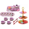 LEAN TOYS Zestaw do herbaty w walizce - 15-elementowy zestaw naczyń blaszanych z filiżankami, talerzykami, paterą na ciasto i tacą - różowy, niebieski, biały wzór kwiatowy - przenośna zabawka do odgrywania ról dla dzieci 3+