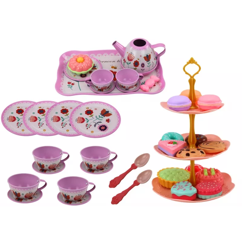LEAN TOYS Zestaw do herbaty w walizce - 15-elementowy zestaw naczyń blaszanych z filiżankami, talerzykami, paterą na ciasto i tacą - różowy, niebieski, biały wzór kwiatowy - przenośna zabawka do odgrywania ról dla dzieci 3+