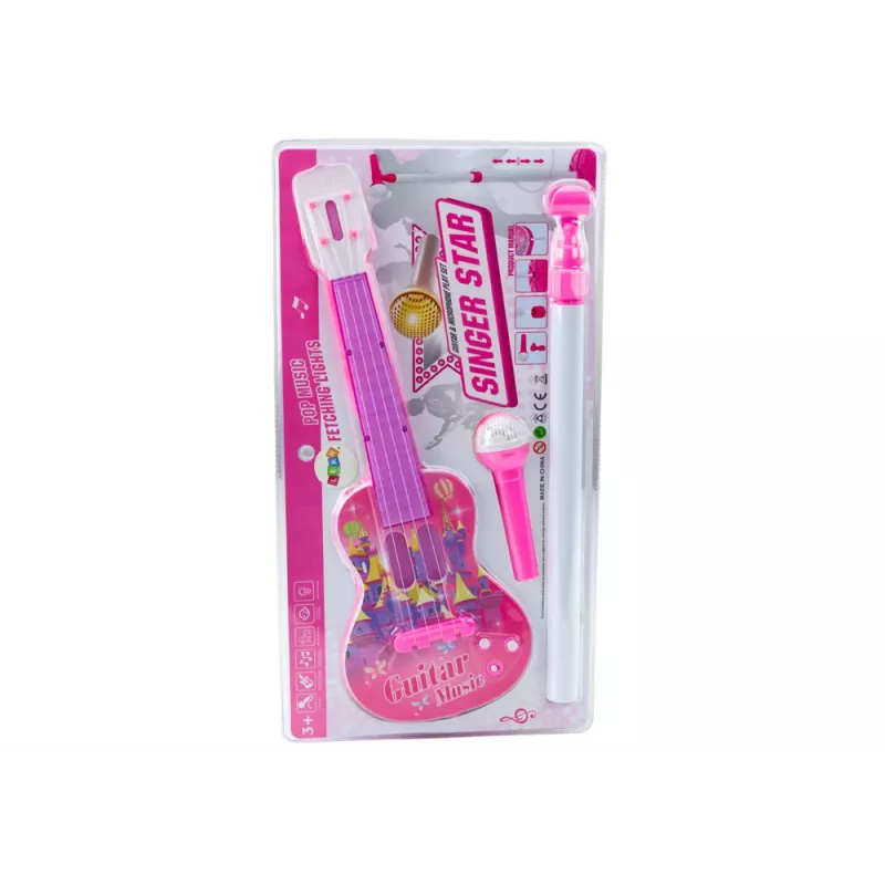 LEAN TOYS Zestaw gitary elektrycznej ze statywem i mikrofonem, na baterie, różowy