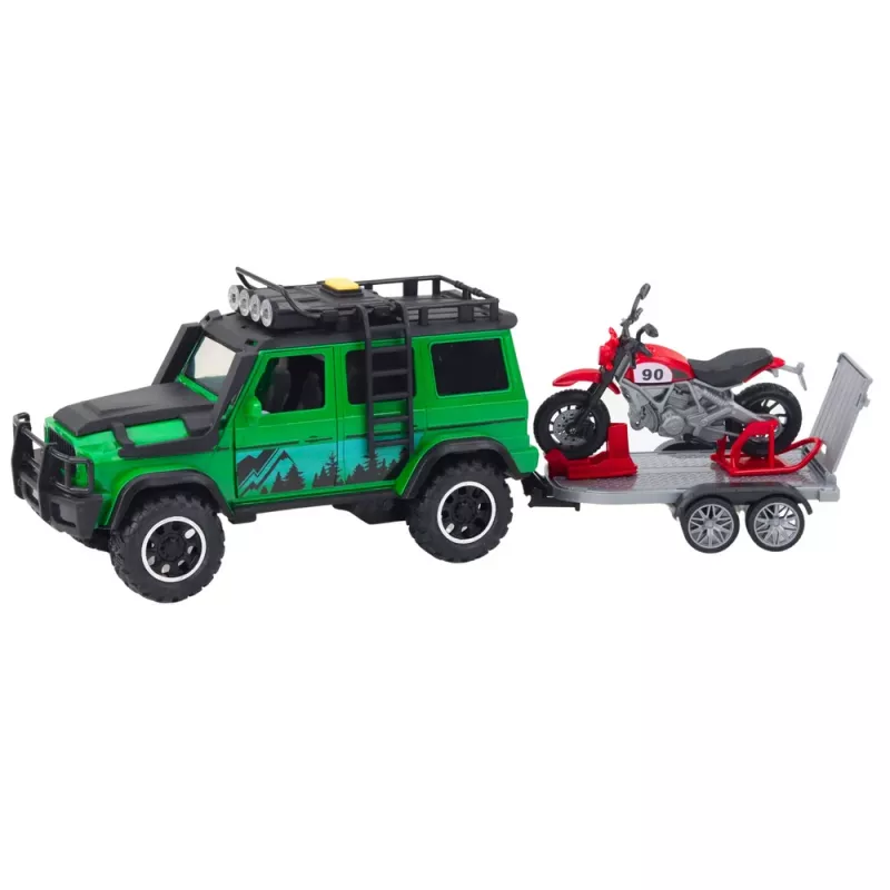 LEAN TOYS Zestaw pojazdów terenowych z lawetą i motocyklem, światła i dźwięki, zielony