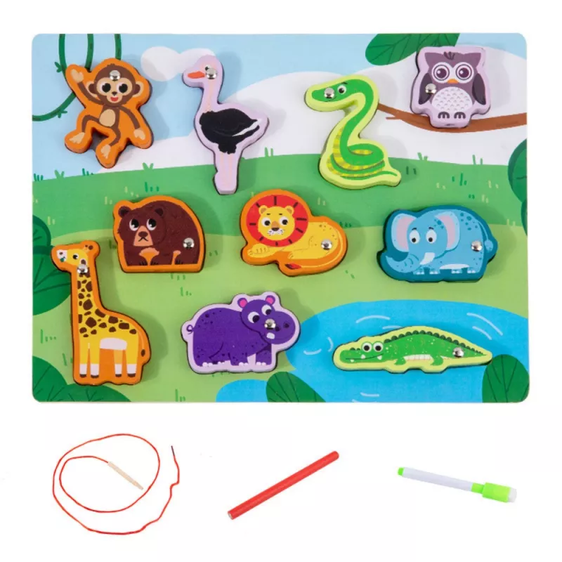 LEAN TOYS Drewniane Puzzle Magnesy Przeciąganie Zwierząt