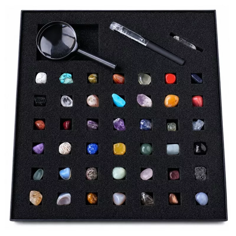 LEAN TOYS Zestaw Kamieni Mineralnych Naturalnych Kryształów z Lupą i Długopisem 43 szt.