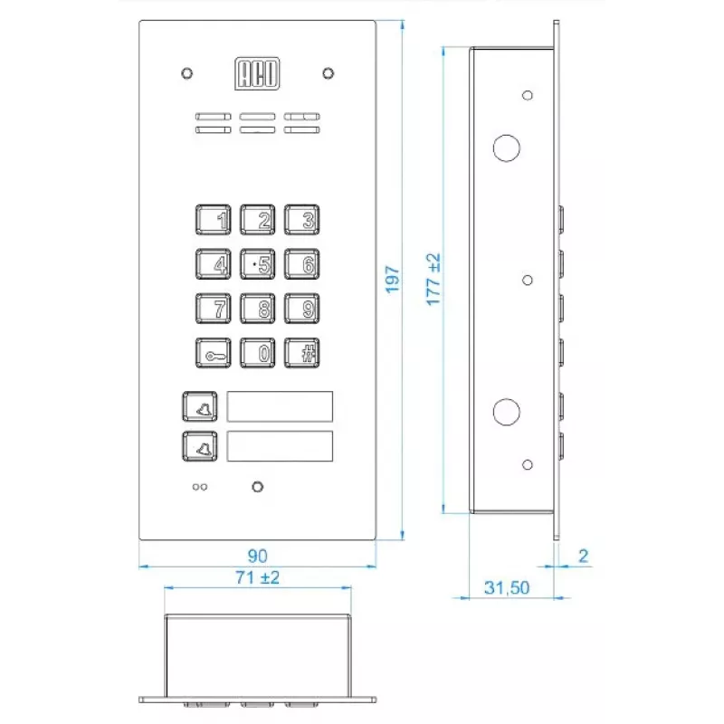 ACO FAM-P-2NPZSACC 2-rodzinny panel zewnętrzny do montażu podtynkowego z czytnikiem RFID i zamkiem szyfrowym, srebrny
