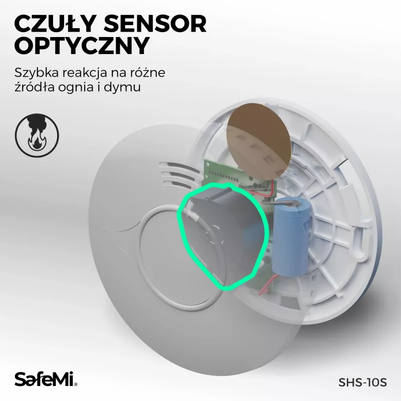 SAFEMI SHS-10W Czujka dymu WiFi - fotoelektryczna, 85dB, Tuya Smart, bateria na 2 lata, EN14604