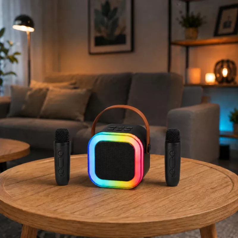 Zestaw karaoke LEAN z głośnikiem Bluetooth, dwoma mikrofonami, diodami LED, czarny