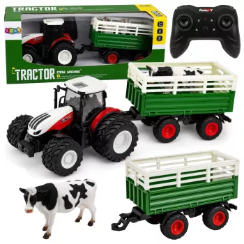 LEAN TOYS Zdalnie Sterowany Ciągnik Rolniczy RC z Przyczepą i Figurką Krowy 1:24