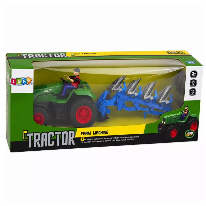 LEAN TOYS RC Tractor with Plow and Farmer Remote Controlled Lights Green 1:24
