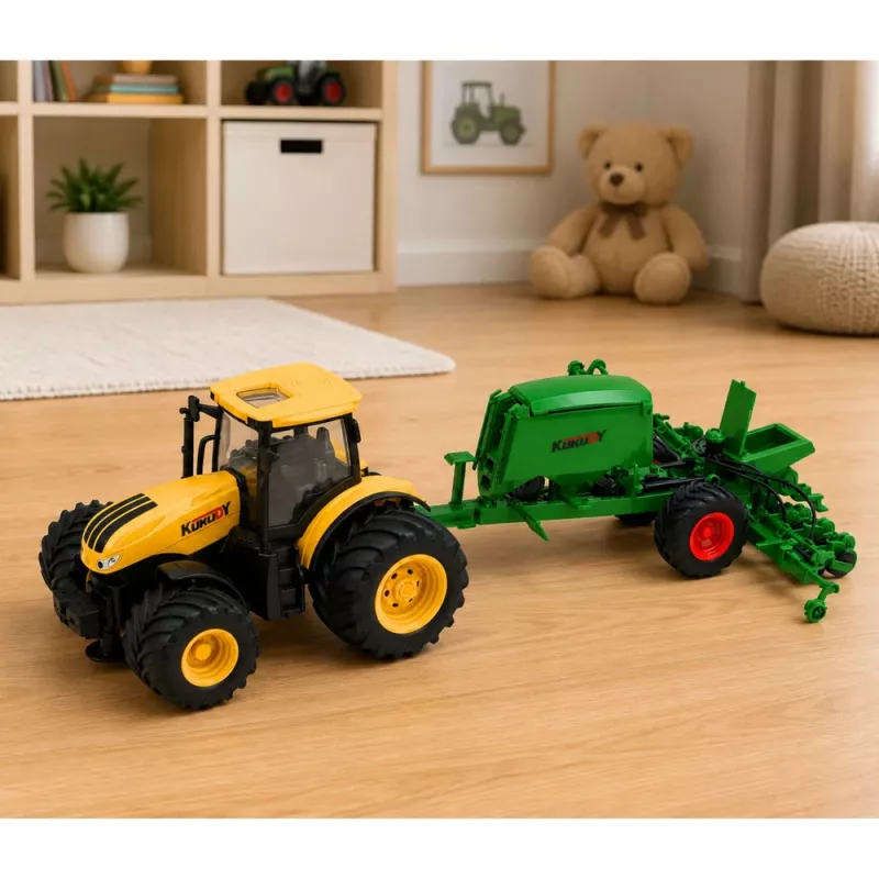 LEAN TOYS Ciągnik rolniczy z siewnikiem i kultywatorem Światła Dźwięki Żółty 1:24