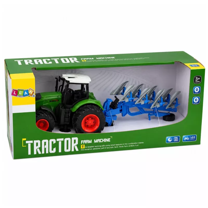 LEAN TOYS Ciągnik Rolniczy z Pługiem Dwuskibowym, Gumowe Koła, Zielony, 1:24