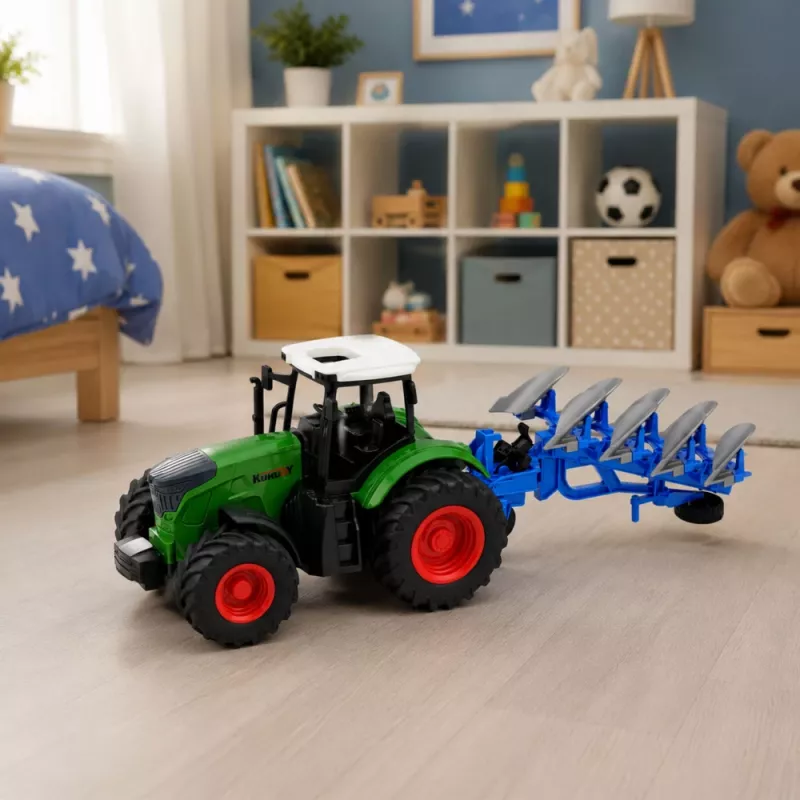 LEAN TOYS Ciągnik Rolniczy z Pługiem Dwuskibowym, Gumowe Koła, Zielony, 1:24
