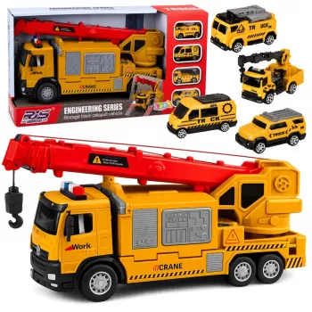 LEAN TOYS Ciężarówka z Żurawiem i Lawetą Światła Dźwięki Żółty