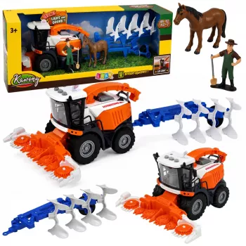 LEAN TOYS Kombajn zbożowy z hederem i pługiem, figurki rolników, koń, światła, dźwięki, 4 szt.
