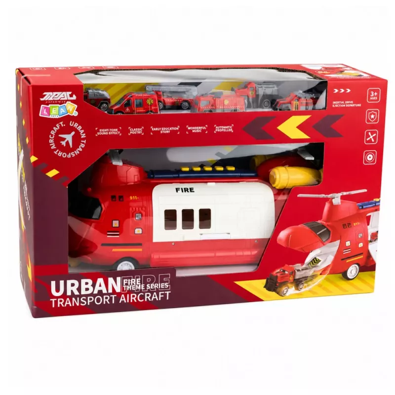 LEAN TOYS Duży składany samolot transportowy straży pożarnej z pojazdami, światłami i dźwiękami