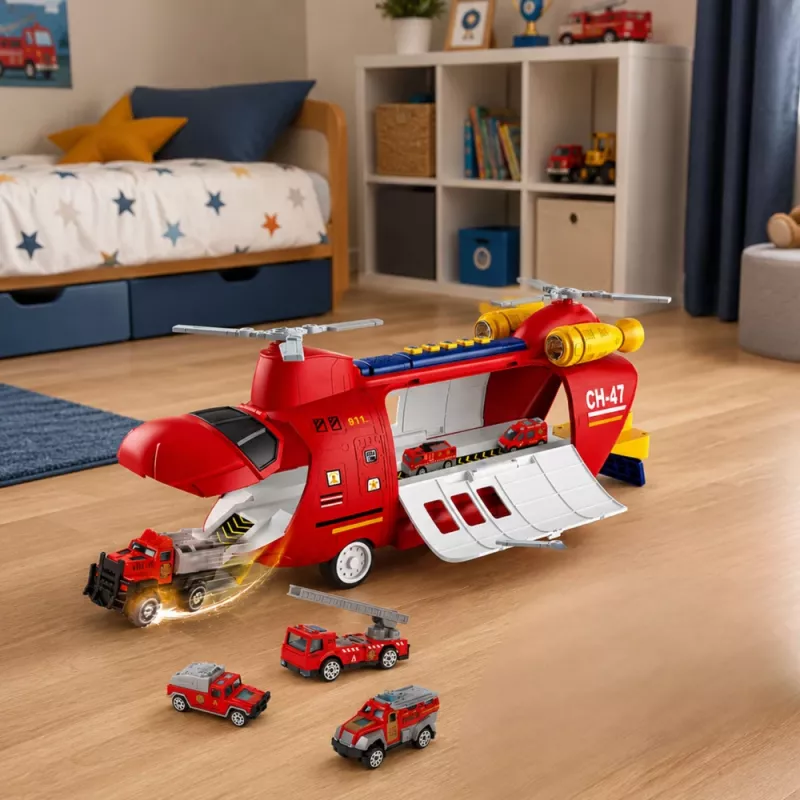 LEAN TOYS Duży składany samolot transportowy straży pożarnej z pojazdami, światłami i dźwiękami