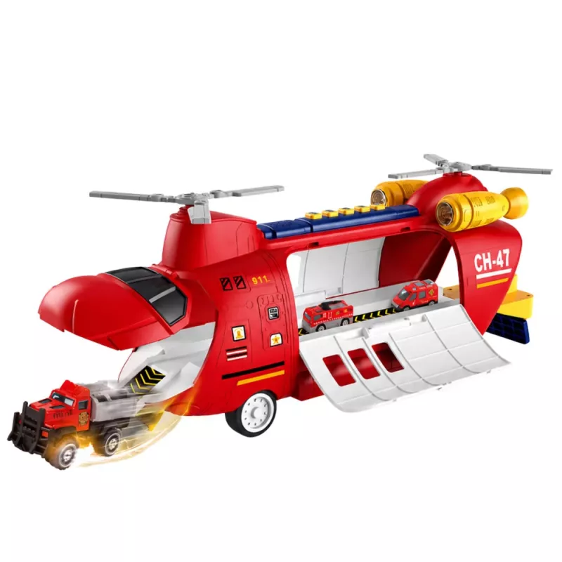 LEAN TOYS Duży składany samolot transportowy straży pożarnej z pojazdami, światłami i dźwiękami