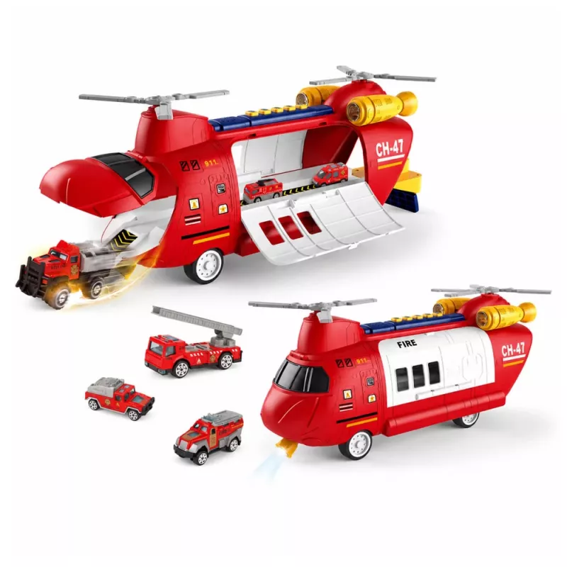 LEAN TOYS Duży składany samolot transportowy straży pożarnej z pojazdami, światłami i dźwiękami