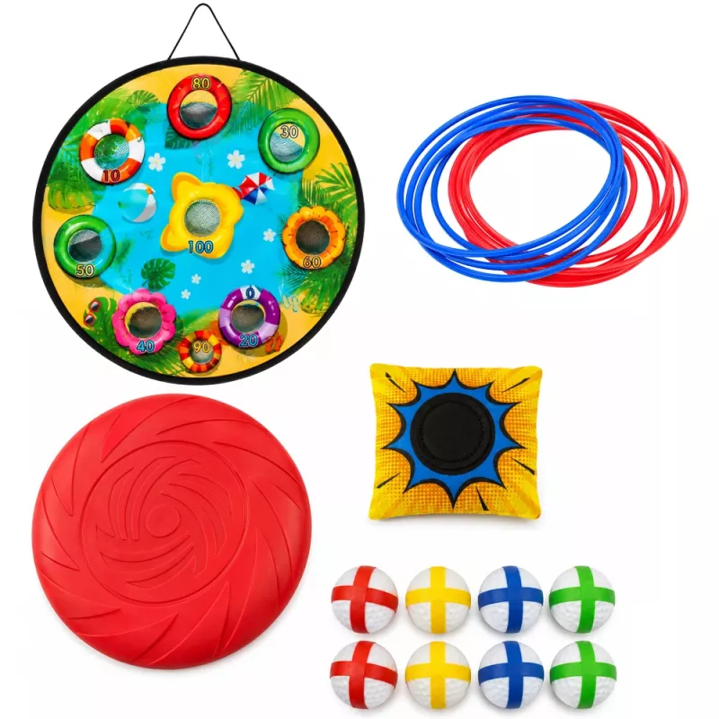 LEAN TOYS 4-w-1 Celność i Rzucanie Gra Zręcznościowa z Tablicą, Workami, Obręczami, Frisbee