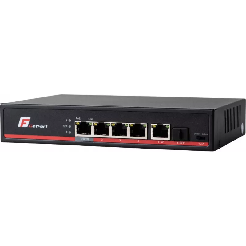 GETFORT GF-106-4PG-S-65 5-Port Gigabit PoE+ Switch (4 PoE+ Ports, 65W, 1 SFP) Desktop/Wall-Mount