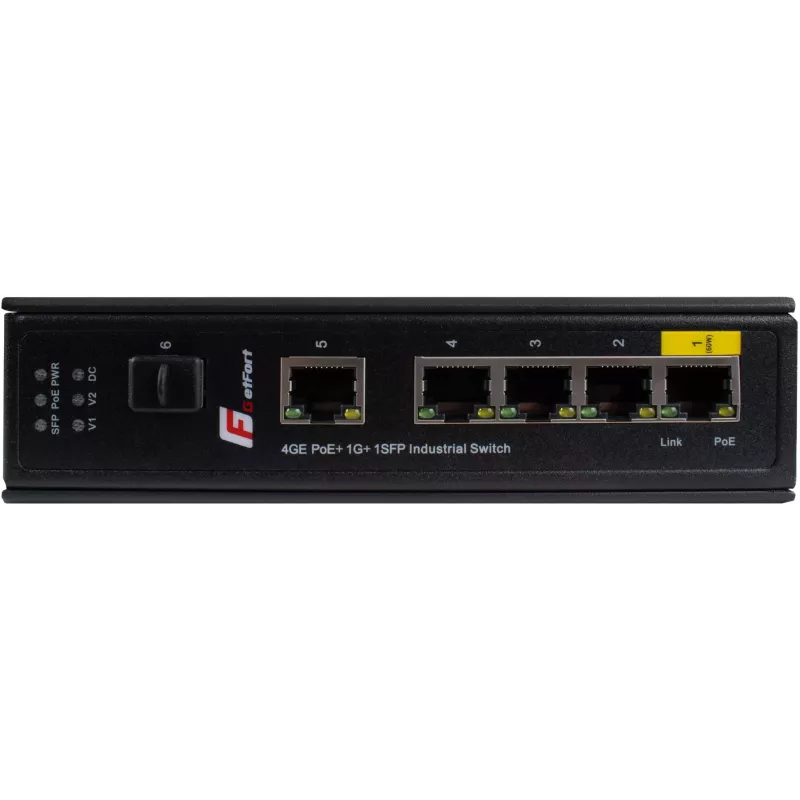 GETFORT GF-110-4PG-1G-1S Przemysłowy przełącznik PoE+, 4x PoE+ 10/100/1000Base-T + 1x 10/100/1000Base-T + 1x 1000Base-X SFP, -40°C do 80°C, szyna DIN, budżet PoE 65W