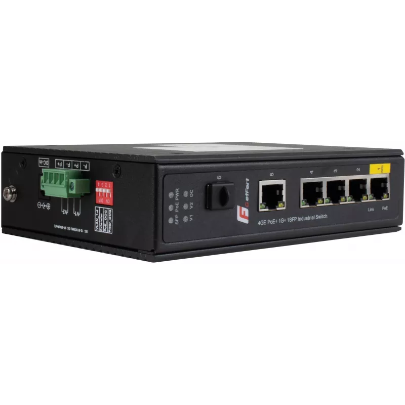 GETFORT GF-110-4PG-1G-1S Przemysłowy przełącznik PoE+, 4x PoE+ 10/100/1000Base-T + 1x 10/100/1000Base-T + 1x 1000Base-X SFP, -40°C do 80°C, szyna DIN, budżet PoE 65W
