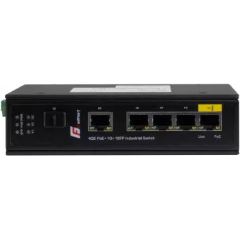 GETFORT GF-110-4PG-1G-1S Przemysłowy przełącznik PoE+, 4x PoE+ 10/100/1000Base-T + 1x 10/100/1000Base-T + 1x 1000Base-X SFP, -40°C do 80°C, szyna DIN, budżet PoE 65W
