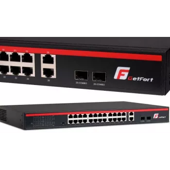GETFORT GF-226G-24P-250 Niezarządzalny przełącznik PoE+, 24x 10/100Mbps PoE+, 2x Gigabit RJ45, 2x SFP, 250W, montaż w szafie