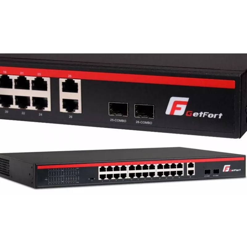 GETFORT GF-226G-24P-250 Niezarządzalny przełącznik PoE+, 24x 10/100Mbps PoE+, 2x Gigabit RJ45, 2x SFP, 250W, montaż w szafie