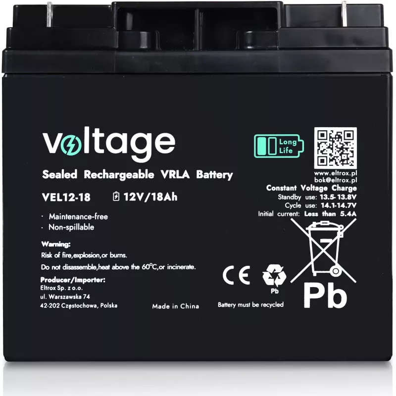 Akumulator VOLTAGE AGM Long Life 12V 18Ah VEL12-18