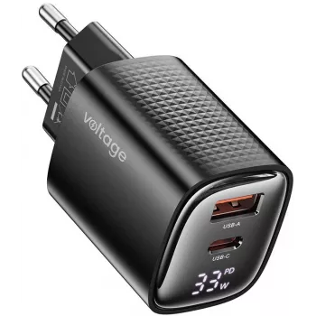 Voltage GaN Charger Mini 33W PD 3.0 QC 3.0 USB-A USB-C Digital Display Czarny