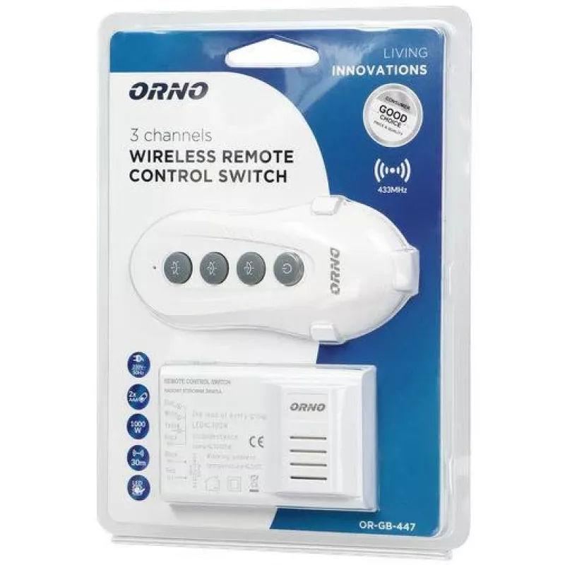 ORNO OR-GB-447 Bezprzewodowy Sterownik Oświetlenia 1-Kanałowy Zestaw Zdalnego Sterowania RF 433.92 MHz 1000W