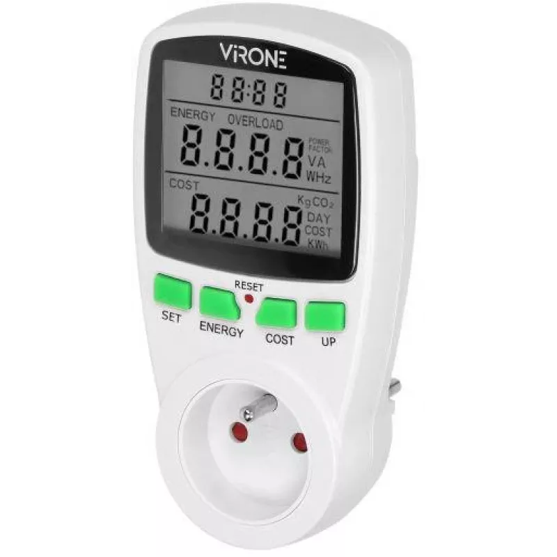 VIRONE EM-4 Jednofazowy Licznik Energii z Wyświetlaczem LCD, 16A, 3680W, Wtyczka Schuko