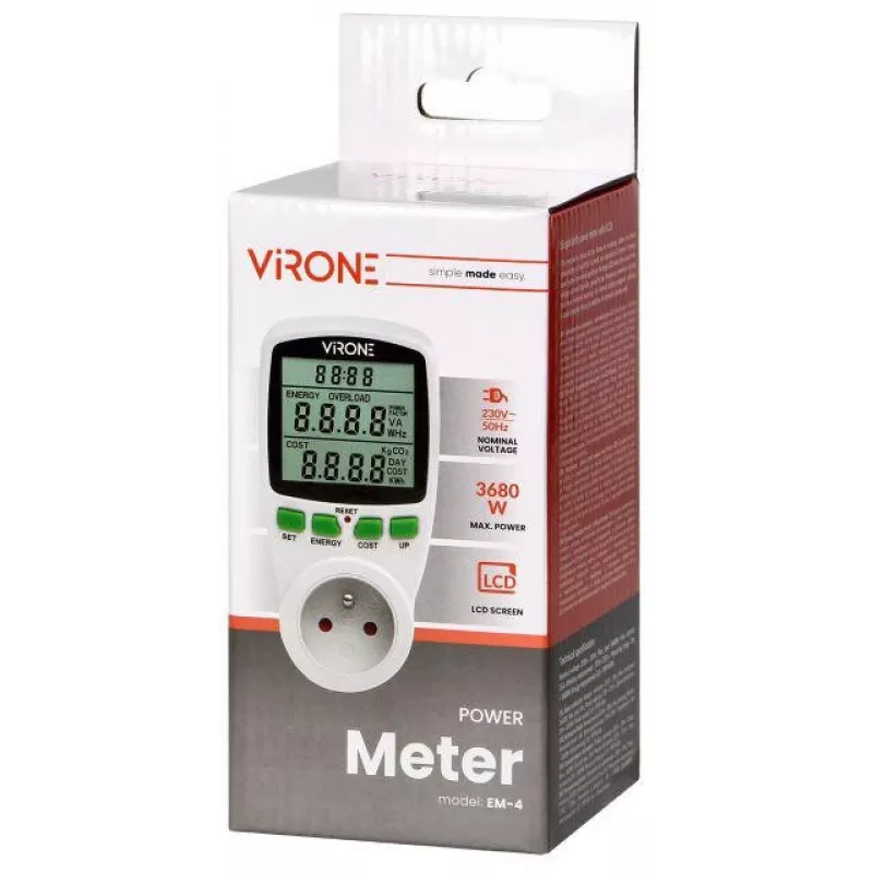 VIRONE EM-4 Jednofazowy Licznik Energii z Wyświetlaczem LCD, 16A, 3680W, Wtyczka Schuko