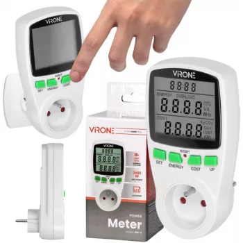 VIRONE EM-4 Jednofazowy Licznik Energii z Wyświetlaczem LCD, 16A, 3680W, Wtyczka Schuko