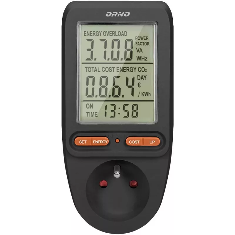 ORNO OR-WAT-435/B Miernik energii i kalkulator zużycia prądu, 230V, 16A, wyświetlacz LCD, czarny
