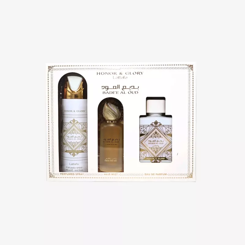Zestaw upominkowy Lattafa Honor & Glory Badee Al Oud Eau de Parfum - 100ml EDP + 200ml Perfumowany spray do ciała + 300ml Odświeżacz powietrza