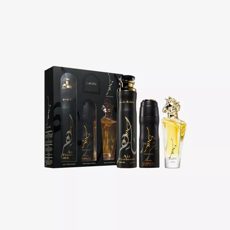 Lattafa Maahir Black Edition Eau de Parfum Gift Set - 100ml EDP Spray + 200ml Perfumed Spray + 300ml Air Freshener
