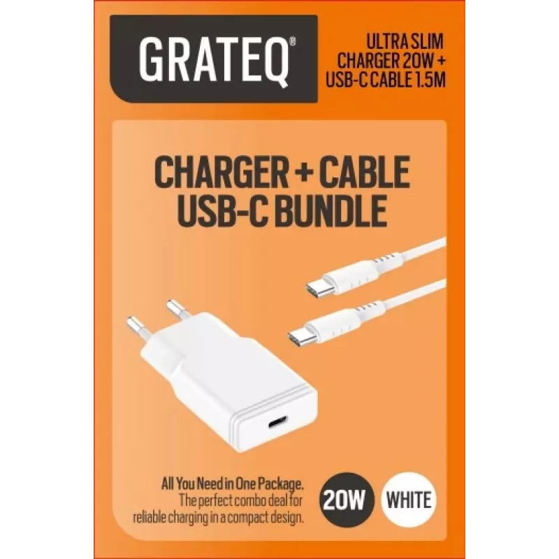 GRATEQ TAHKO 20W USB-C PD Ładowarka sieciowa z kablem USB-C do Lightning 1,5 m, biała