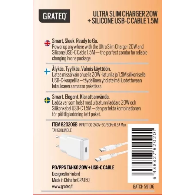 GRATEQ TAHKO 20W USB-C PD Ładowarka sieciowa z kablem USB-C do Lightning 1,5 m, biała