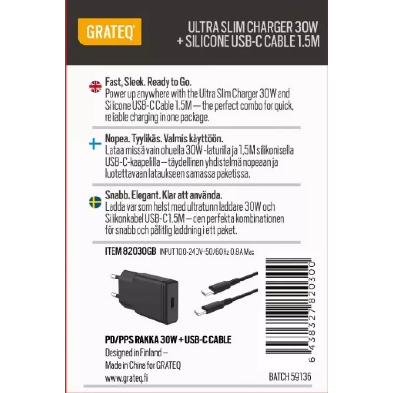 GRATEQ RAKKA CHARGER 30W + CABLE 1.5M BUNDLE BLACK