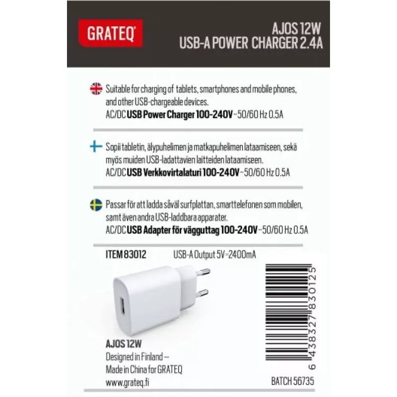 GRATEQ AJOS Ładowarka USB-A 12W Biała