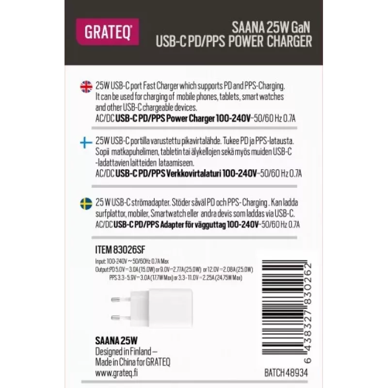 GRATEQ SAANA GaN USB-C 25W PD/PPS Wall Charger White