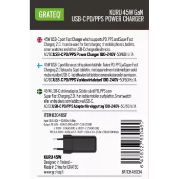 GRATEQ KURU GaN USB-C PD/PPS 45W Czarna Ładowarka Sieciowa