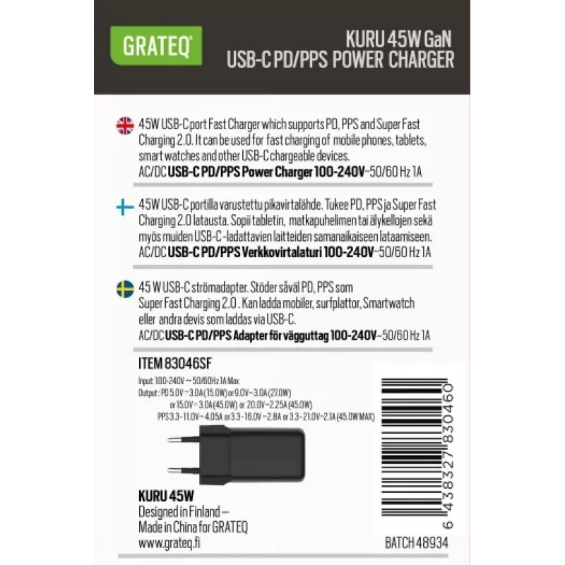 GRATEQ KURU GaN USB-C PD/PPS 45W Czarna Ładowarka Sieciowa