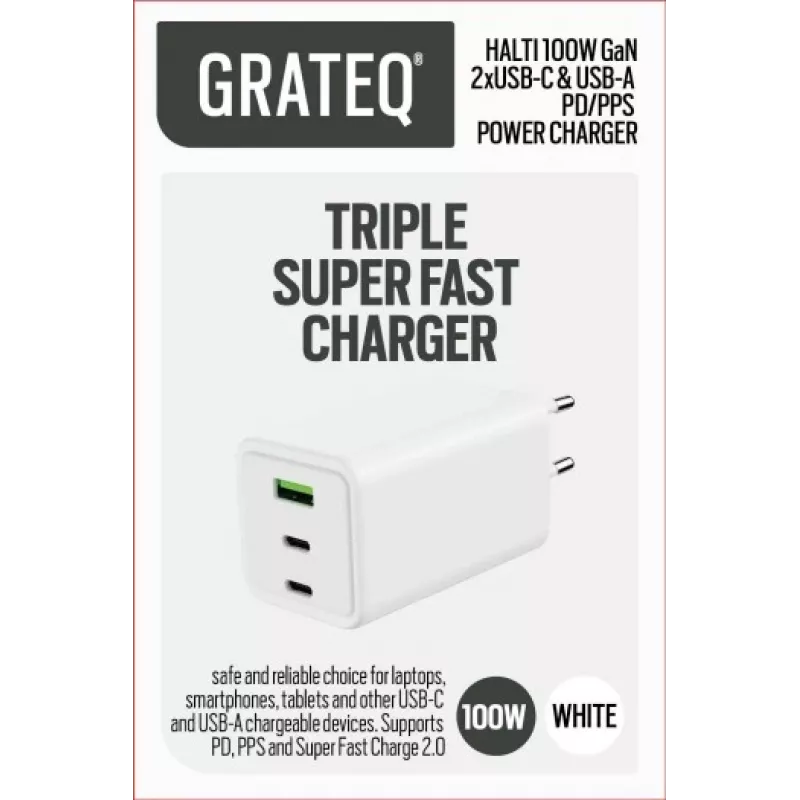 GRATEQ HALTI GaN PD/PPS 2xUSB-C/1xUSB-A 100W Ładowarka ścienna Czarna