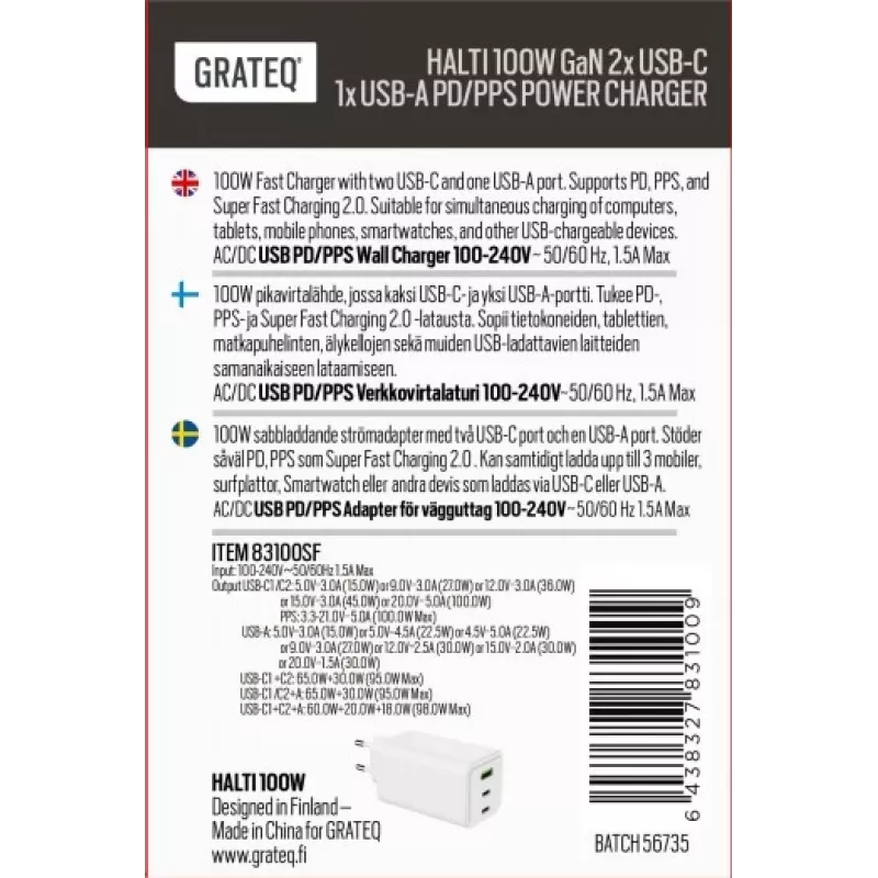 GRATEQ HALTI GaN PD/PPS 2xUSB-C/1xUSB-A 100W Ładowarka ścienna Czarna